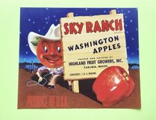 NOS Vintage Sky Ranch Apples Crate Label Yakima Washington Anthropomorphic Fruit picture