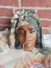 RARE ANTIQUE CHALKWARE GYPSY LADY FIGURE HEAD STRING HOLDER WALL PLAQUE picture
