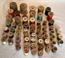 Vintage Lot of 63 Old Wooden Spools Most With Thread Various Sizes & Company’s picture