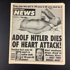 Rare 1992 WEEKLY WORLD NEWS MAG Adolph Hitler Dies of Heart Attack FLAT picture