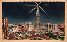 Cleveland Public Square Union Terminal Tower at Night Ohio Vintage Postcard OH picture