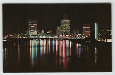 Postcard Night Scene Skyline View with Reflection in Genesee River Rochester, NY picture