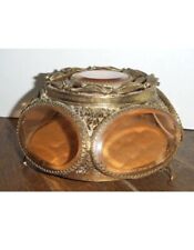 FRENCH FILIGREE ORMOLU JEWELRY BOX CASKET 5 AMBER GLASS PANELS TUFTED L 6.5 picture