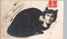 SURREAL CAT FANTASY WOMAN CUTOUT real photo postcard rppc porte bonheur paris picture