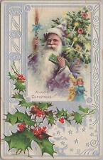 Christmas Postcard Santa Claus Purple  Robes + Christmas Tree + Holly picture