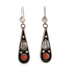 NATIVE AMERICAN STERLING SILVER CORAL LEAF DANGLE EARRINGS picture