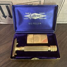 1920s Gillette Big Fellow Gold Safety Razor w Blades & Case Excellent Condition picture