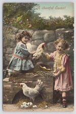 TC~2108~PM 1911~A Cheerful Easter~Little Girls & Roosters~Nests Of Eggs~Flowers picture