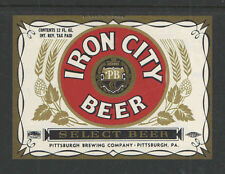 1930s IRON CITY SELECT BEER 12 OZ BOTTLE LABEL IRTP PITTSBURGH PA - UNUSED picture