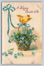 Early 1900s Antique Silk Winsch Easter tide Postcard Chick Basket Blue Flowers picture
