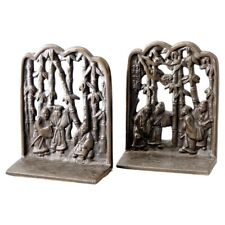 Pair of Chinese Cast Bronze Bookends with Figures & Bamboo, C1920 picture