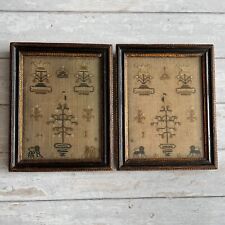 Antique Georgian Sampler Pair, SMALL Size, Lions, Leopards and Rabbits Initials picture
