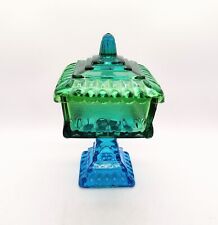 Jeanette Glass Art Deco Lidded Pedestal Wedding Candy Dish Vtg Green Blue READ picture