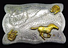 Race Horse Lucky Horseshoes Four Leaf Clover Wishbone Vintage Belt Buckle picture