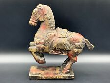 Late 19th C. Chinese Hand Painted Wood Tang Dynasty War Horse Worrier Sculpture picture