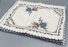 VTG Hand Embroidered Cross Stitch Linen Placemat Napkin x8 Floral Pretty Tea picture