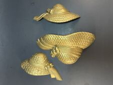 Vintage Beautiful Golden straw Hats Wall Hanging Decor Set of 3 Burwood USA picture