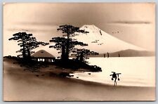 Postcard Hand Painted Japanese Scene Mt Fuji D32 picture
