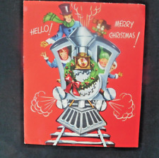 Vintage Mid Century Christmas Card Steam Engine Train Full of People C331 picture