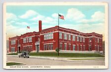 c1920s~Leavenworth Kansas KS~Old Senior High School~Flagpole~Car~VTG Postcard picture