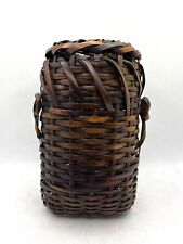Vintage Dark Brown Woven Wicker Wall Hanging Basket Handles 7” picture