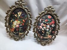 Vintage 2 Brass Framed Print of Flowers Made in Italy Oval Ornate Glass Floral  picture