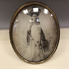 Antique Victorian Oval Brass Metal Convex Bubble Glass Portrait Girl 14x11 picture