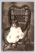 RPPC Portrait of Young Girl White Skirt Short Bangs Big Wicker Chair Postcard picture