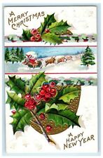 c1910 New Year Holly Berries Santa And Reindeer Snow Winter Embossed Postcard picture