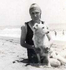 1922 Lovely White Dog with Bathing suit Woman at Beach picture