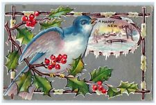 c1910's Happy New Year Song Bird Holly Berries Embossed Nash Antique Postcard picture