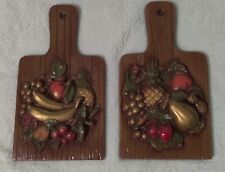 2 VINTAGE 1970's Chalkware FRUIT WALL HANGING plaques decor pictures picture