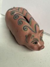 Vtg Ceramic Piggy Money/Coin Bank Handpainted Pink with Purple/green Swirls 1967 picture