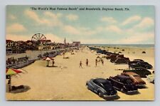 Postcard Cars and Boardwalk Daytona Beach Florida FL, Vintage Linen N14 picture