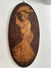 Vintage Art Nouveau Wood Pyrography Oval Wall Plaque  Signed 1900 Victorian Lady picture