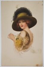Glamour Girl Beautiful Lady Red Hair Brown Hat Artist Signed Postcard D22 picture