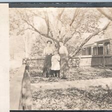 c1910s Outdoor Ladies and Girl RPPC House Yard Tree Fall Leaves Real Photo A261 picture