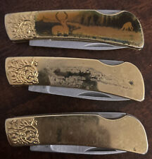 3 Vintage Gold Color Folding Blade Knife Unknown Brand picture