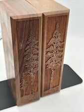 Vintage Solid Walnut Bookends Evergreen Trees Laser Craft Engraved 1970 MCM picture