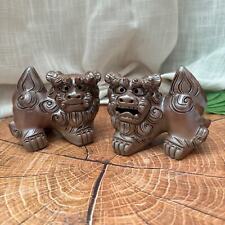 Okinawa Shisa Guardian Foo Dogs Pair Clay Pottery Statues picture