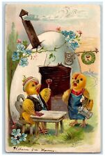 c1905 Easter Anthropomorphic Chicks Champagne Hatched Egg Embossed Postcard picture