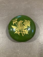 Vintage Lacquerware Trinket Box Green and Gold Hand painted  Round picture