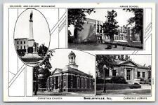 Old Vintage Antique Postcard Monument School Church Library Shelbyville Illinois picture