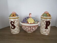Vintage Country Kitchen Basket Weave Pattern Fruit S & P  Shakers & Bowl w/ Lid picture