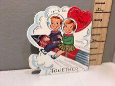 Vtg Valentine 50's Girl & Boy Astronaut Rockship Glitter Unused a2 picture