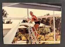 FOUND VINTAGE PHOTO PICTURE Climbing Up Swimming Pool Slide Stairs picture