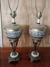 2 Vintage Hollywood Regency Mid Century Modern Table Lamps Gold globes Marble 😀 picture