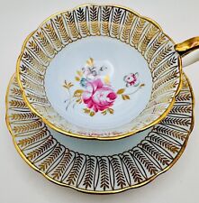 Vintage Royal Stafford Gold Feather Pink Rose Blue Cup & Saucer; Teacup England picture