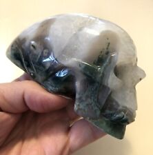 Large Beautiful Green Moss Agate Hand Carved Crystal Alien Elongated Skull 394g picture