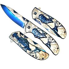 8.5” Elk Embossed Pocket Knife Blue Titanium coating  quick Open EDC picture